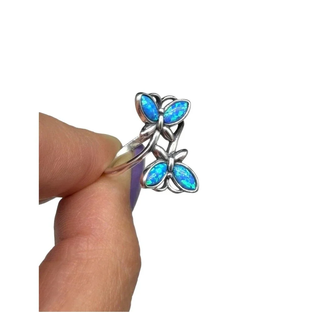 Butterfly Blue Fire Opal Ring Size 6 Solid 925 Sterling Silver Butterflies